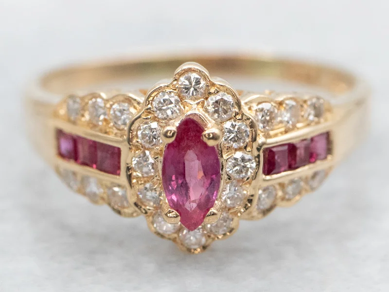 Fashion rings for women -Modern Gold Ruby Ring with Diamond Halo and Shoulders