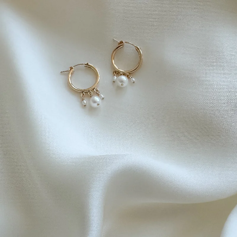 Simple gold earrings for women -Triple Pearl Hoops