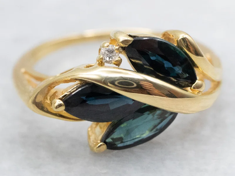 Statement rings for women -Botanical Marquise Sapphire and Diamond Wrapped Gold Ring