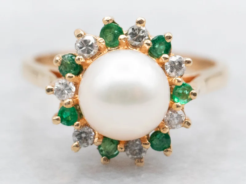 Fashion rings for women -Saltwater Pearl Ring with Diamond and Emerald Halo