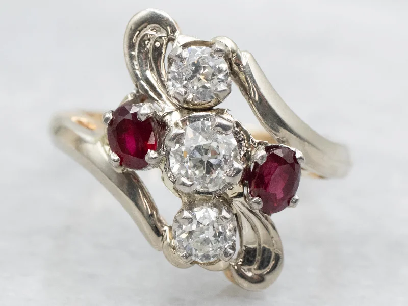 Gold rings for women -Vintage Old Mine Cut Diamond and Ruby Bypass Ring