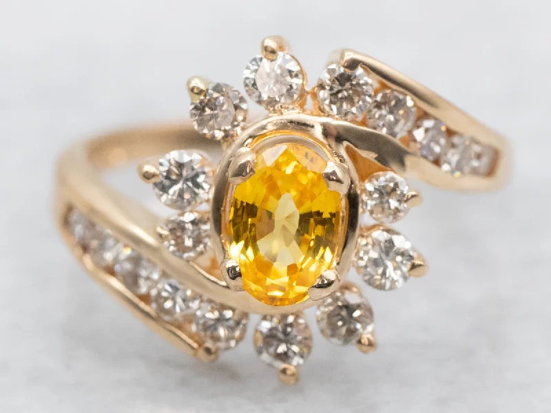 Dainty rings for women -Yellow Sapphire Bypass Ring with Diamond Halo