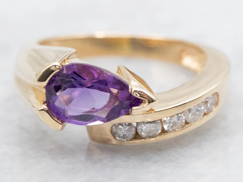 Bold gemstone rings for women -Modernist Amethyst and Diamond Bypass Ring