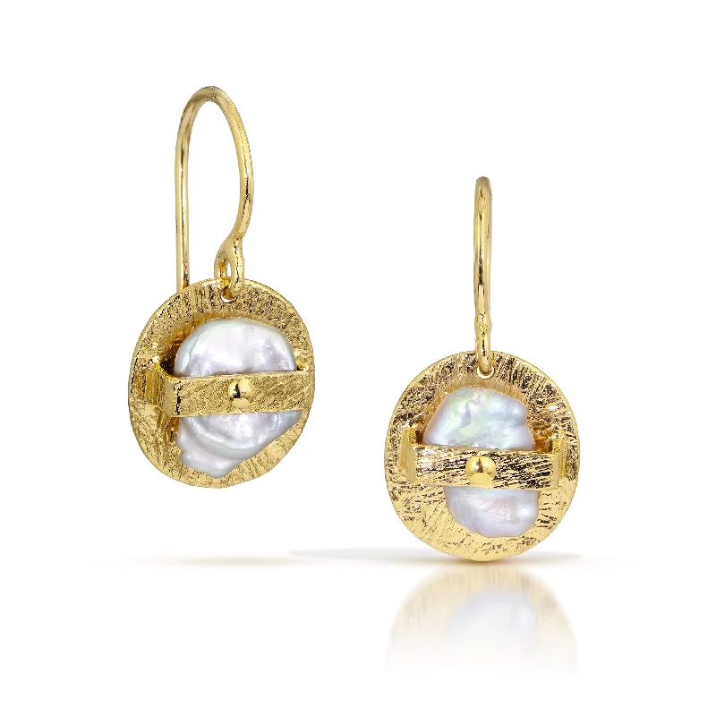 Luxury gold earrings for women -Petite Band Earrings with Biwa Pearls - wire