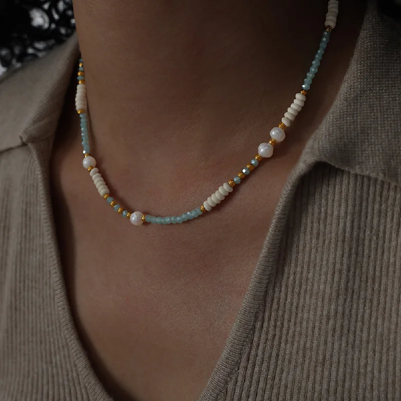 Cyan Glass Stone Necklace-40 5cm