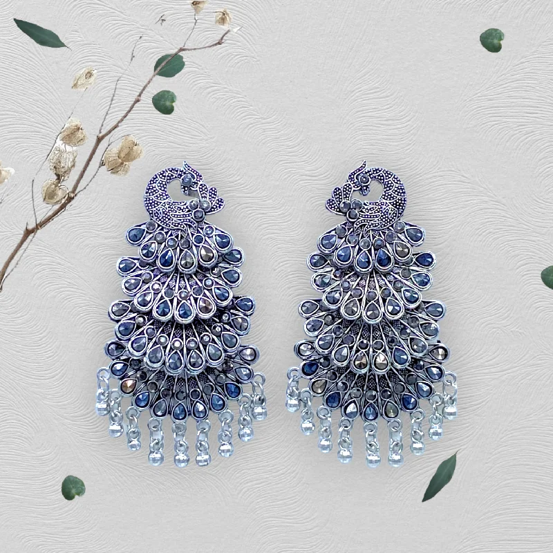 Fancy earrings for women -Peacock Head and Layered Feather Oxidised Earrings