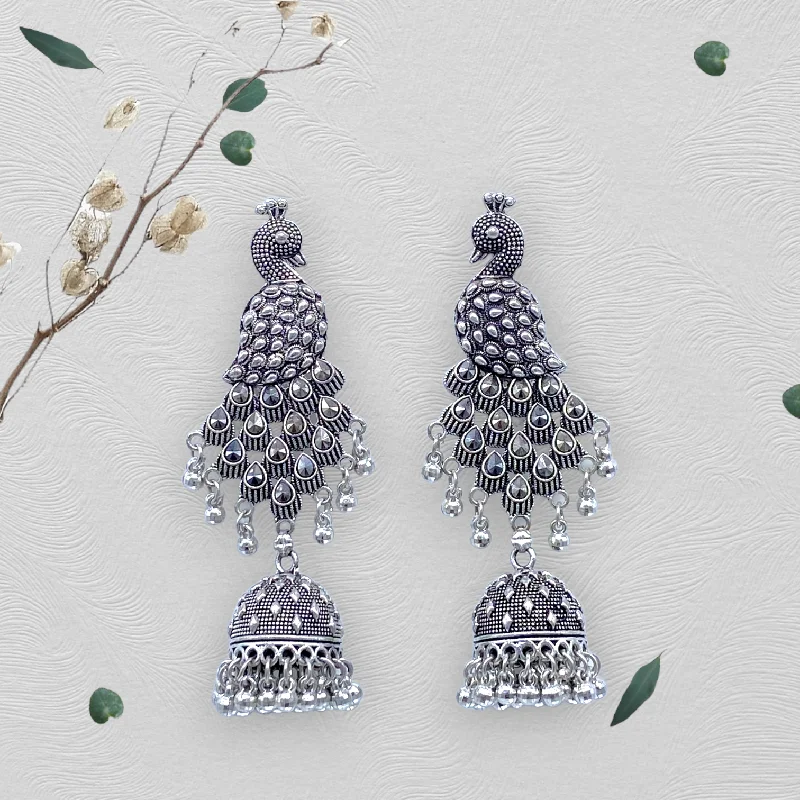 Crystal stud earrings for women -Peacock with  Feather Oxidised Earrings