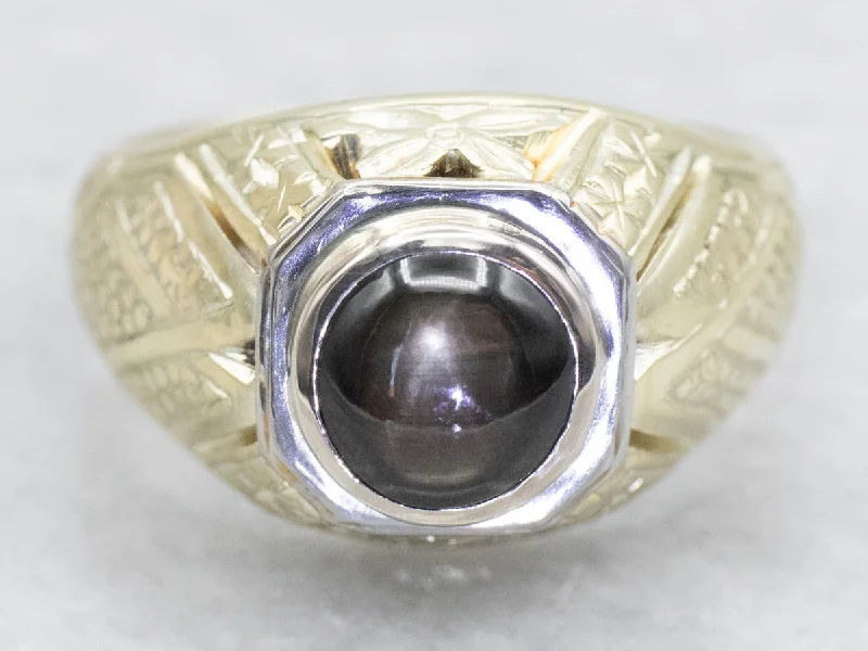 Stackable rings for women -Antique Gold Star Sapphire Solitaire Ring