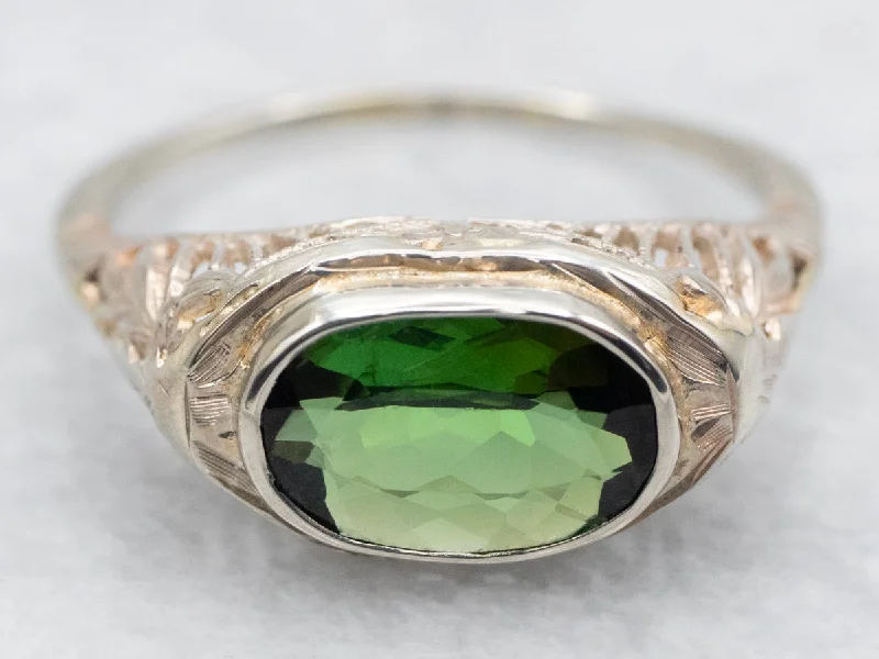 Gold rings for women -Antique East-West Set Green Tourmaline Solitaire Ring