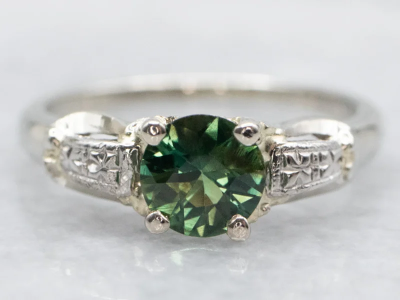 Black diamond rings for women -Vintage White Gold Green Sapphire Solitaire Ring