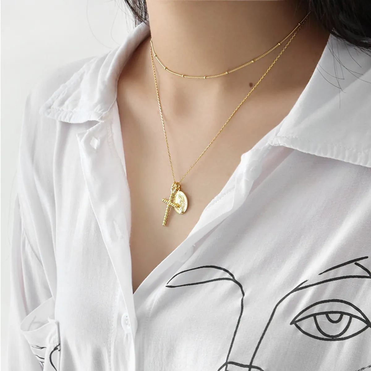 Simple gold necklaces for women -Sterling Silver 18K Gold Plated Simple Style Portrait Cross Plating Pendant Necklace