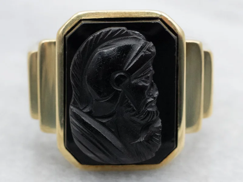 Two-tone rings for women -Men's 1950's Gold Black Onyx Intaglio Ring