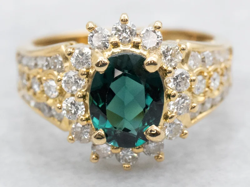 Large gemstone rings for women -Modern Green Tourmaline and Diamond Halo Ring