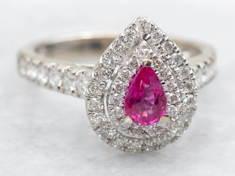 Silver solitaire rings for women -Modern Pink Sapphire Ring with Double Diamond Halo