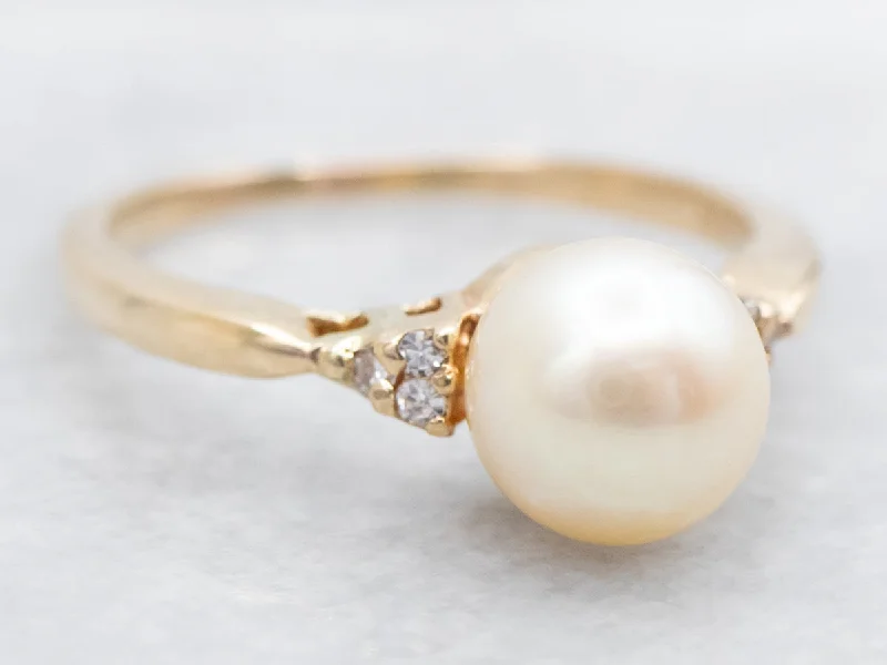 Gold band rings for women -Yellow Gold Saltwater Pearl Ring with Diamond Accents