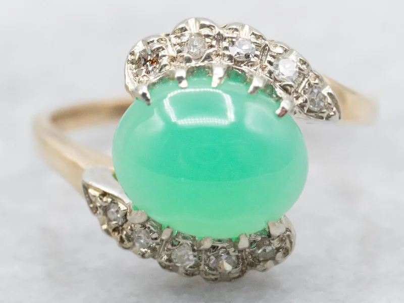 Wedding band rings for women -Vintage Chrysoprase and Diamond Bypass Ring