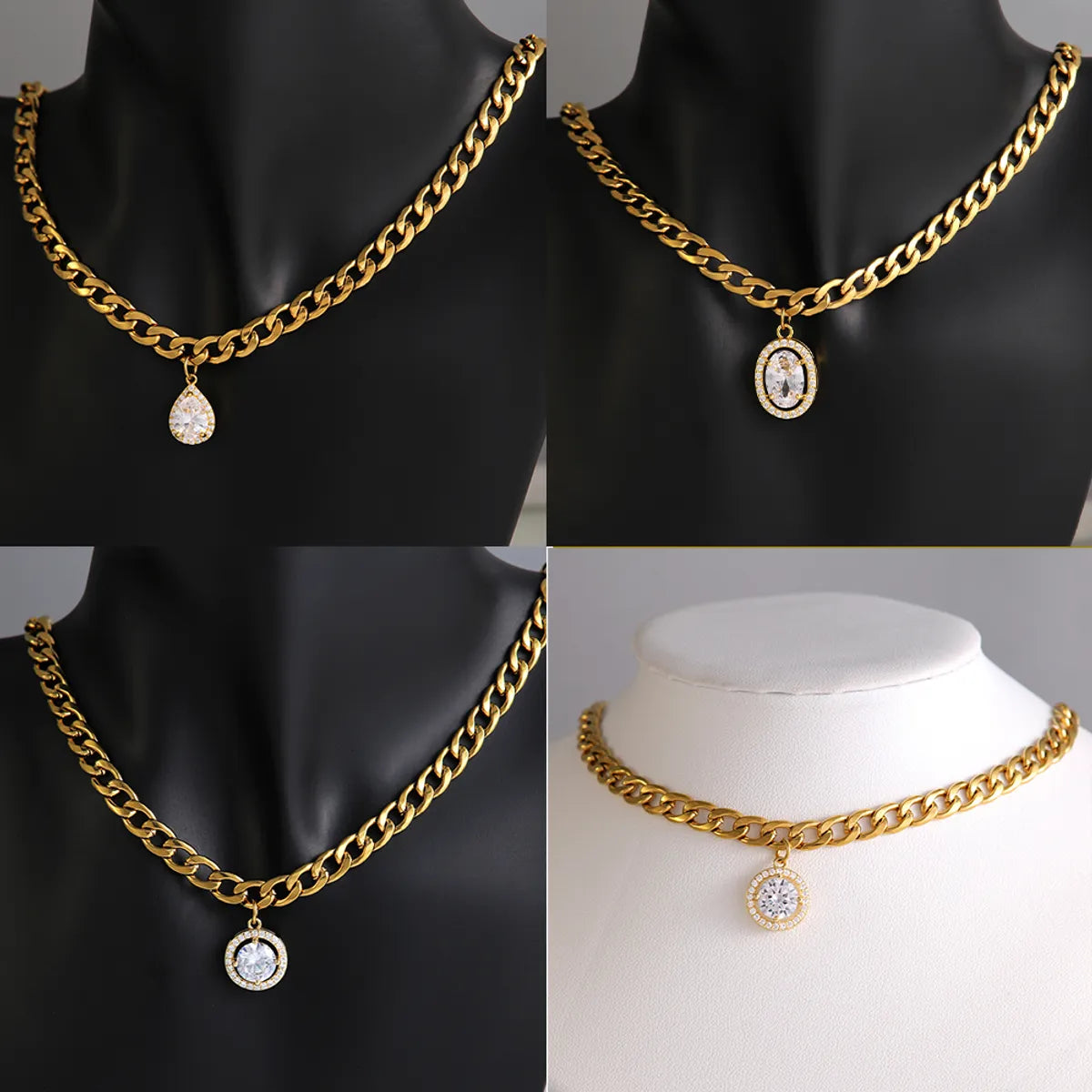 Long pendant necklaces for women -Pendant Copper Necklace 304 Stainless Steel 18K Gold Plated Hip-Hop Exaggerated Rock Plating Inlay Round Oval Water Droplets Zircon Pendant Necklace