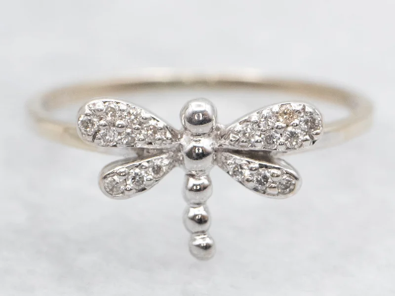 Gemstone rings for women -Diamond Dragonfly Ring in White Gold