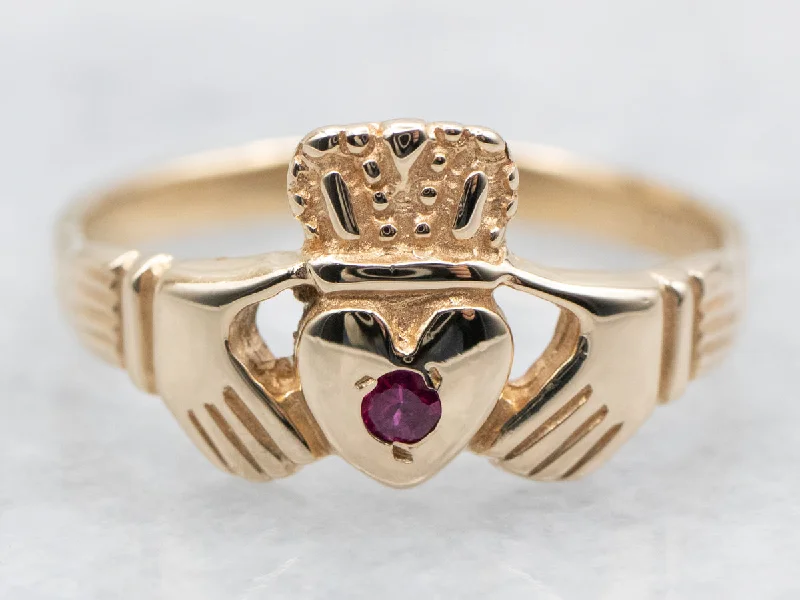 Fashion rings with gemstones for women -Claddagh Ring with Synthetic Ruby Accent