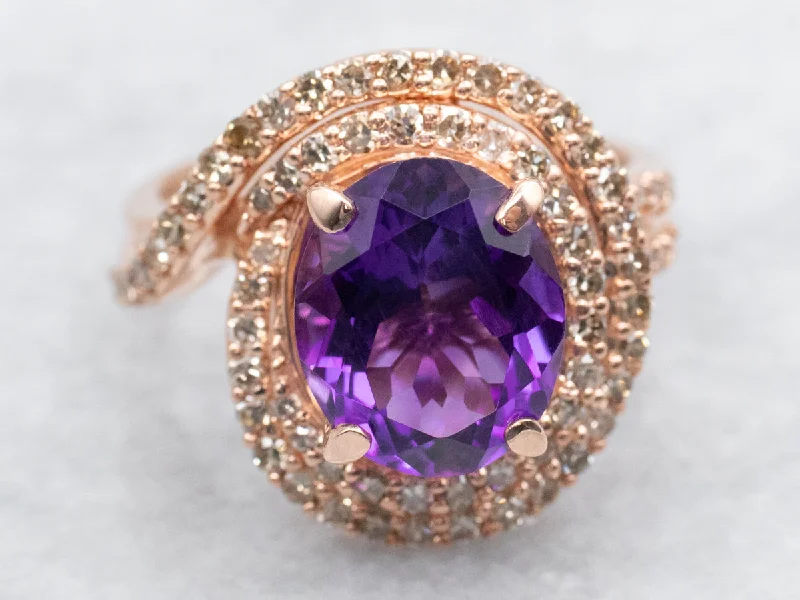 Bague rings for women -Swirling Rose Gold Amethyst Halo Ring