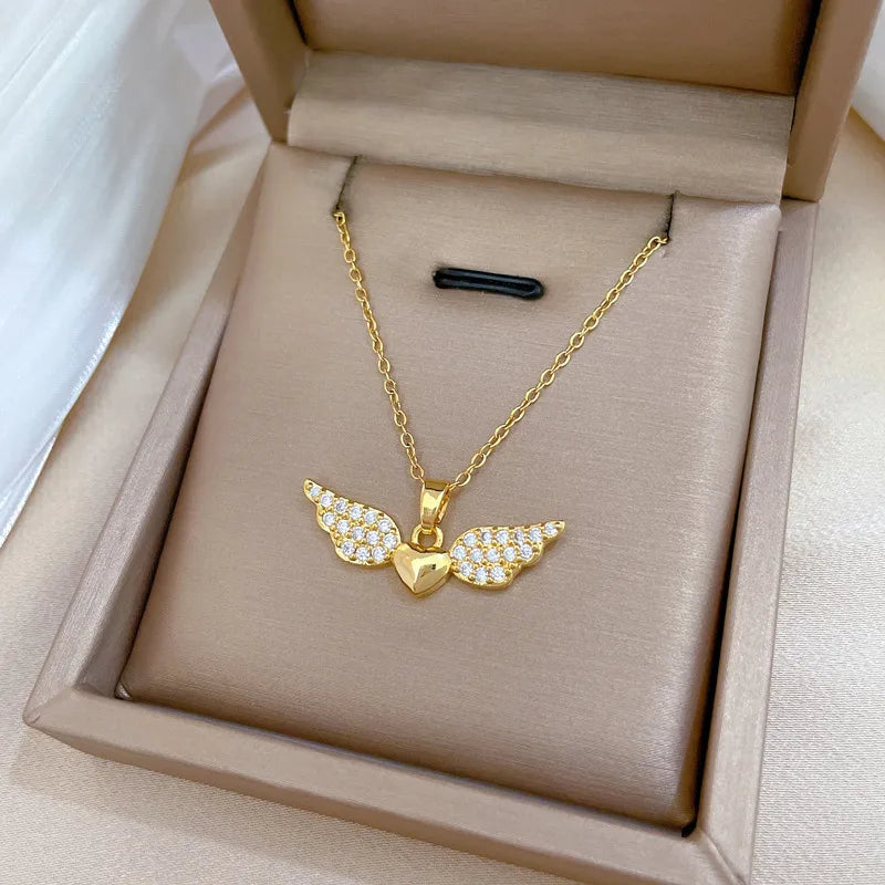 Long gemstone necklaces for women -Titanium Steel Copper Gold Plated Inlay Heart Shape Wings Zircon Pendant Necklace