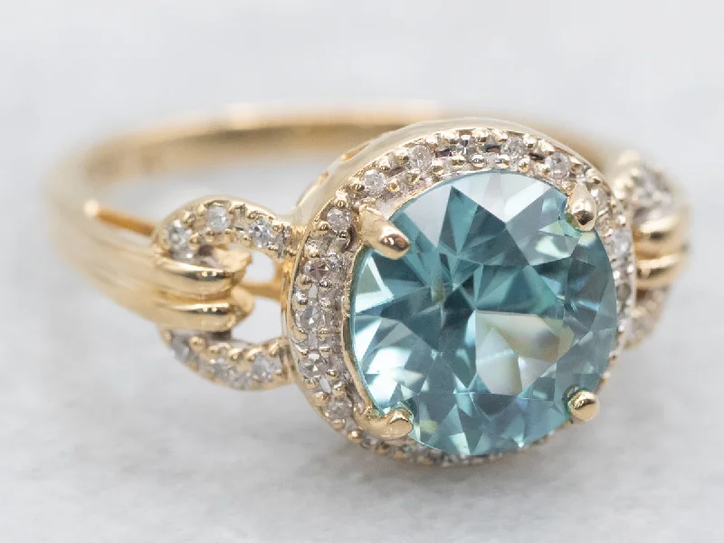 Classic rings for women -Blue Zircon Ring with Diamond Halo