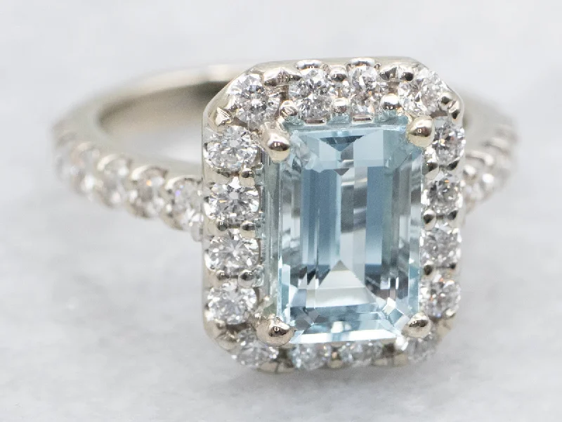 Vintage engagement rings for women -Modern Aquamarine Ring with Diamond Halo