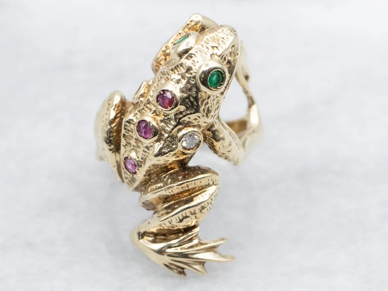 Eternity rings for women -Golden Gemstone Tree Frog Statement Ring