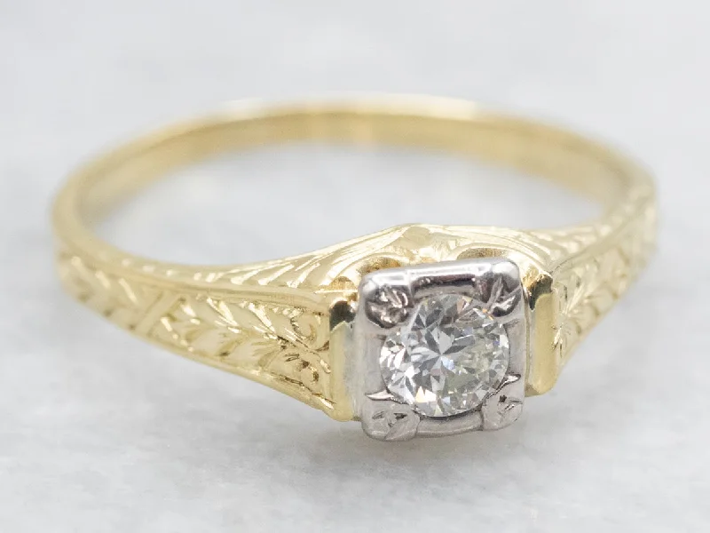 Luxury wedding rings for women -Antique Diamond Solitaire Ring with Hand Engraved Shoulders