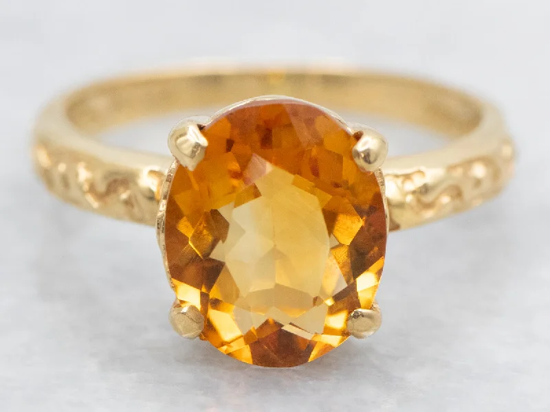 Minimalist rings for women -Citrine Solitaire Ring with 18-Karat Gold Pattern Shoulders