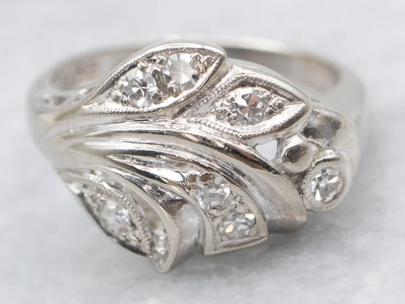 White gold rings for women -Retro Diamond Leaf Motif Ring