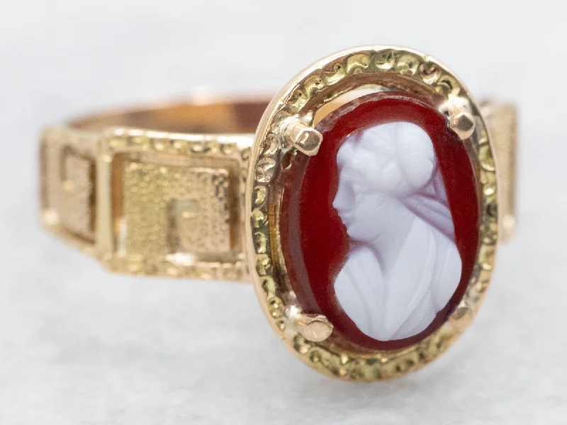 Bold gemstone rings for women -Victorian Sardonyx Cameo Greek-Key Pattern Ring