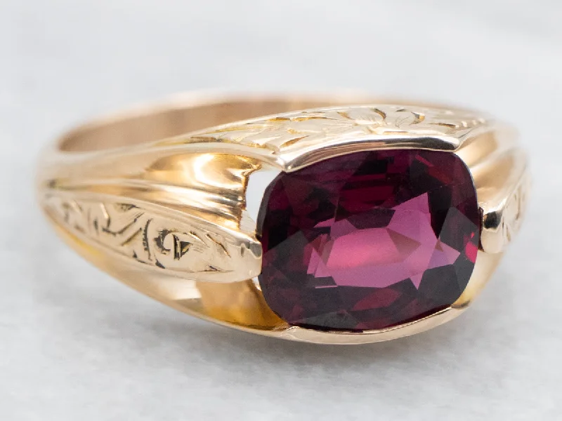 Chunky gold rings for women -Antique East to West Cushion Cut Rhodolite Garnet Ring