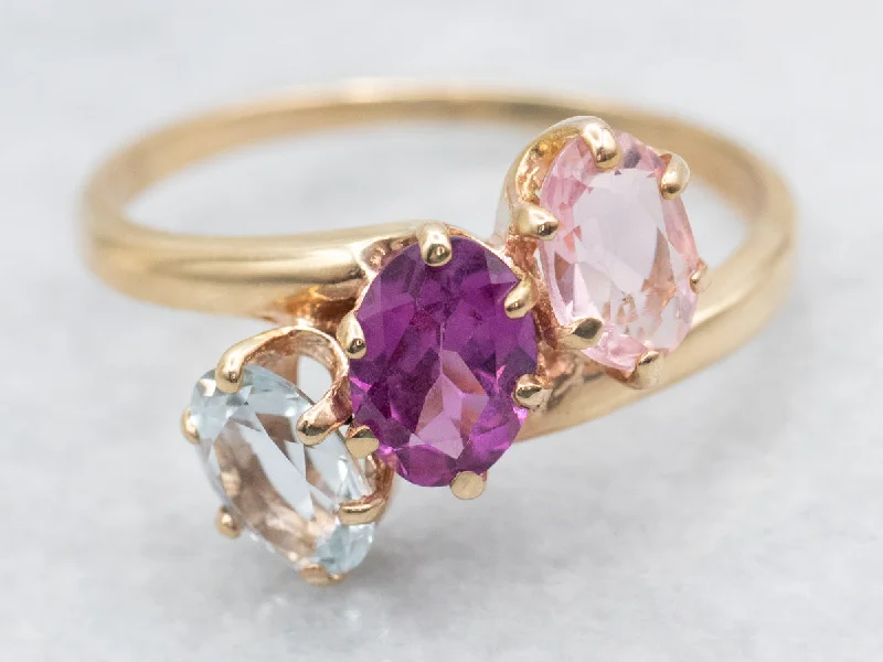 Engagement solitaire rings for women -Pink Tourmaline Aquamarine and Garnet Bypass Ring