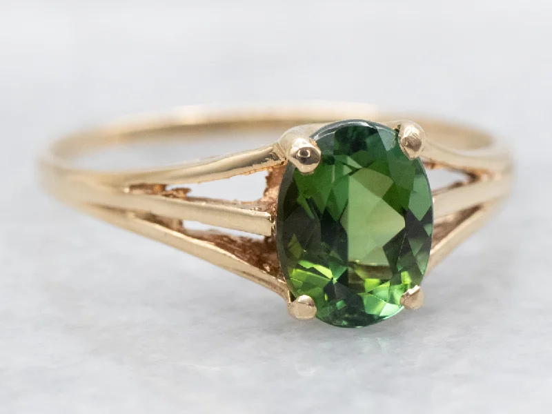 Gemstone rings for women -Green Tourmaline Solitaire Split Shank Ring