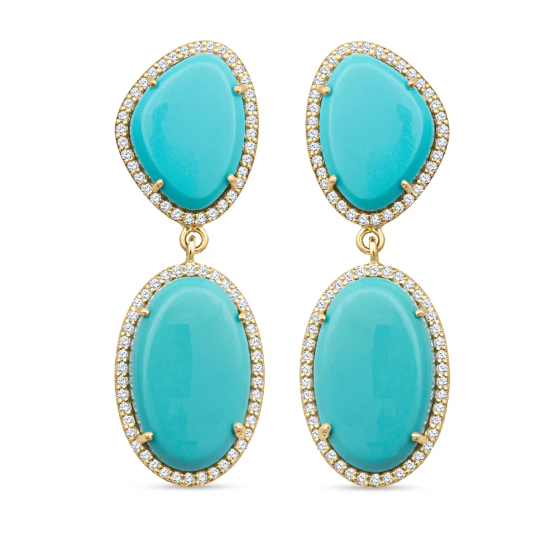 Personalized earrings for women -Tina 14k Gold Turquoise Statement Earrings with White Diamonds