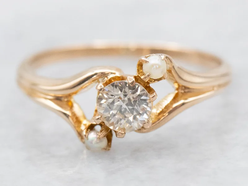 Pear-shaped diamond rings for women -Vintage European Cut Diamond and Seed Pearl Bypass Ring