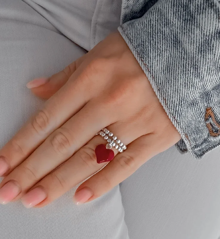 Women's rings online shop -925 Sterling Silver Stretch Red Puff Heart Charm Ring, Heart Charm Ring, Heart Charm, Women's Rings, Charm Rings