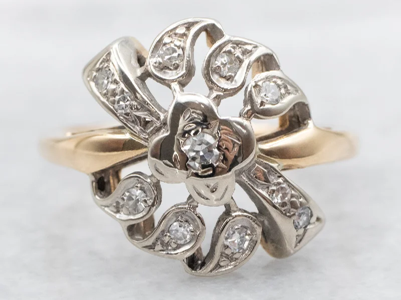 Elegant rings for women -Retro Two Tone Floral Diamond Cocktail Ring