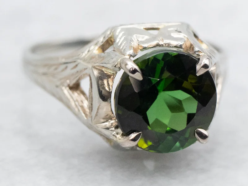 Platinum rings for women -Art Deco Green Tourmaline Solitaire Ring