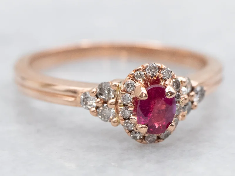 Double band rings for women -Modern Rose Gold Ruby and Diamond Halo Ring