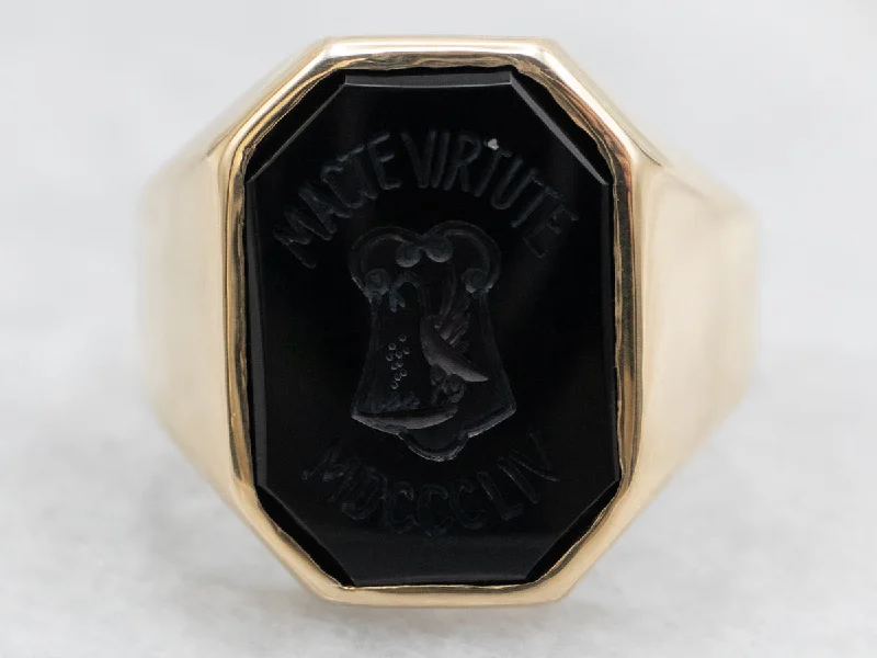 Large gemstone rings for women -Vintage "MACTE VIRTUTE MDCCCLIV" Carved Black Onyx College Ring