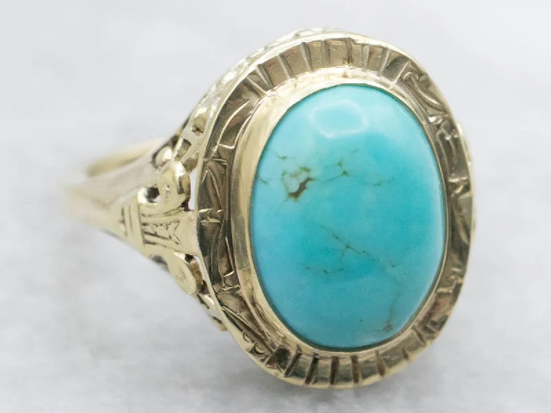 Chunky rings for women -Art Nouveau Green Gold Turquoise Filigree Ring