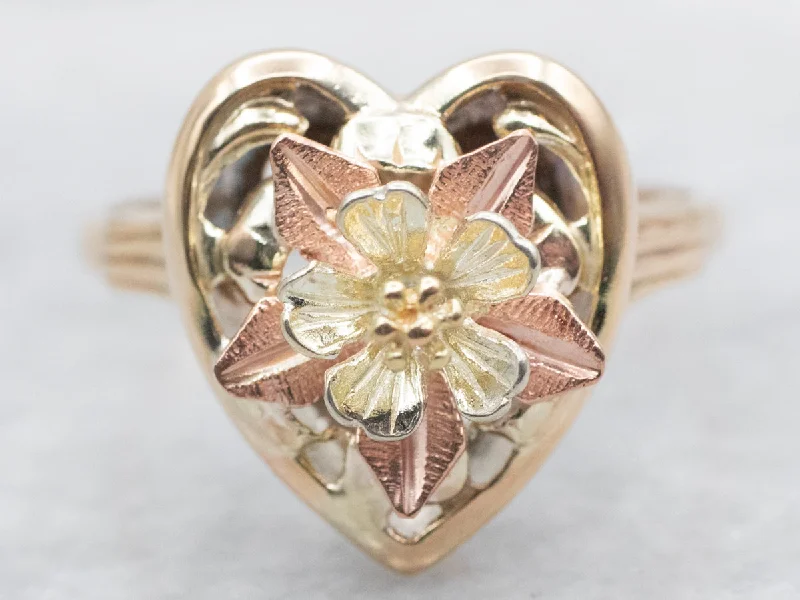 Stackable rings for women -Mid Century Two Tone Heart Flower Blossom Ring