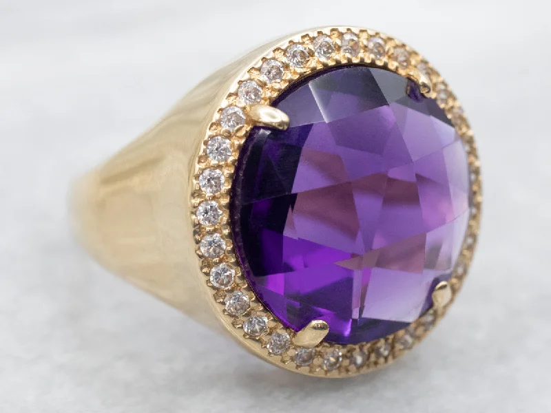 Infinity rings for women -Yellow Gold Amethyst Cocktail Ring with Diamond Halo