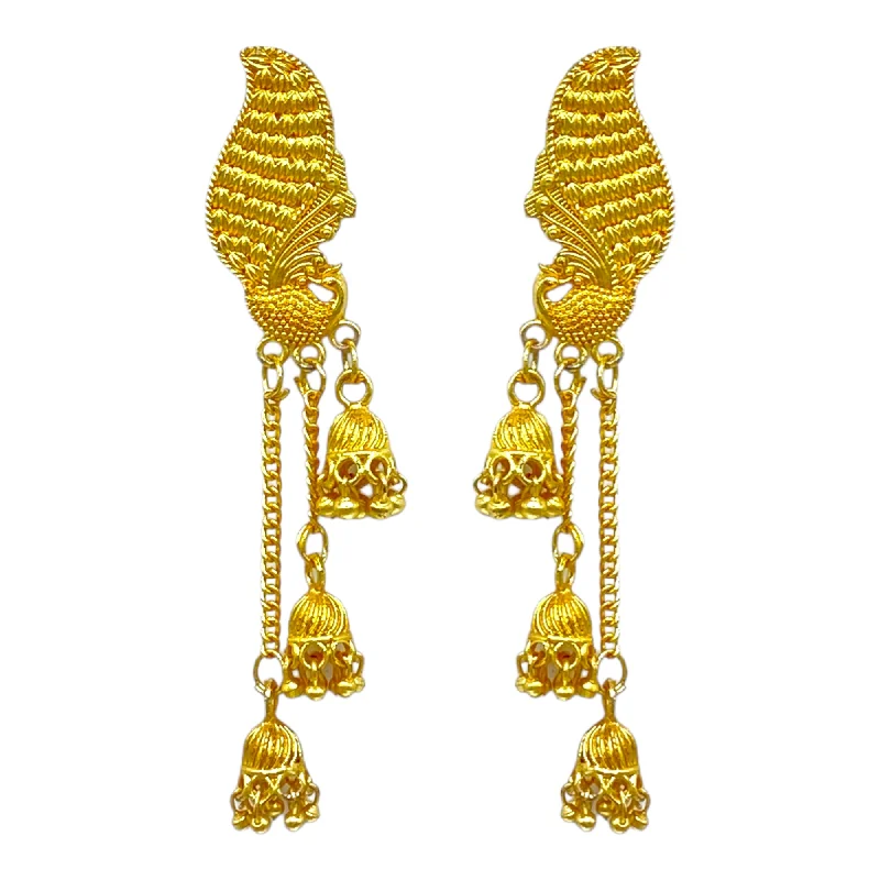 Fashion earrings for women -Elegant Peacock Studded Gold Earrings with Dangling layerd chain