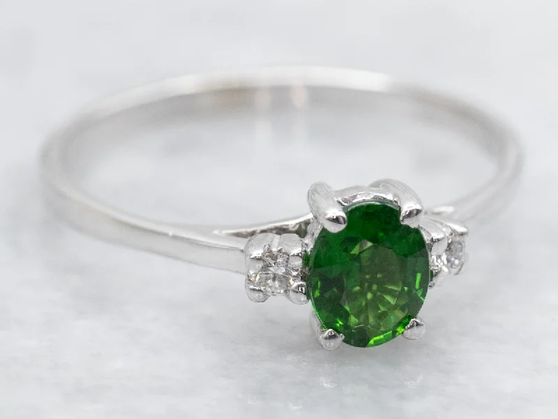 Stackable silver rings for women -Green Tourmaline and Diamond Three Stone Ring