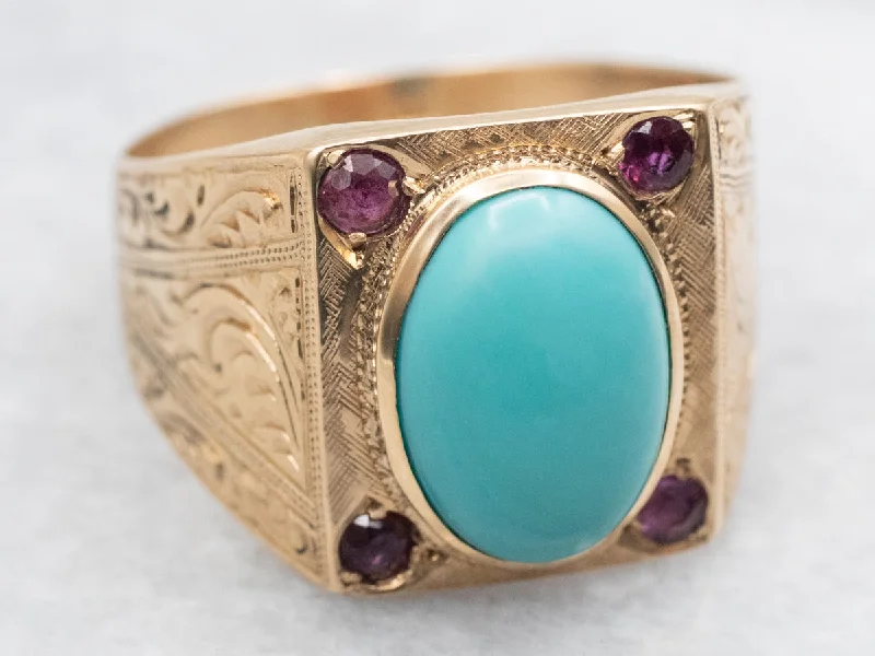 Simple gold rings for women -Ornate Turquoise and Ruby Statement Ring