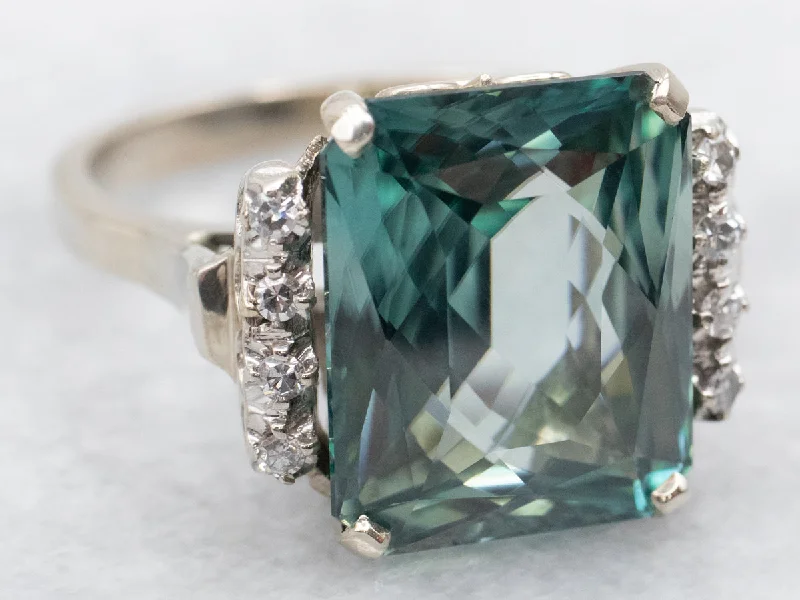 Fashion rings with gemstones for women -Emerald Cut Blue Zircon and Diamond Cocktail Ring