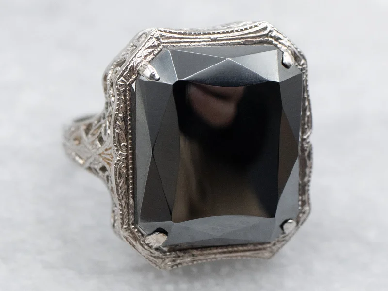 Custom-made rings for women -Art Deco Hematite Filigree Ring